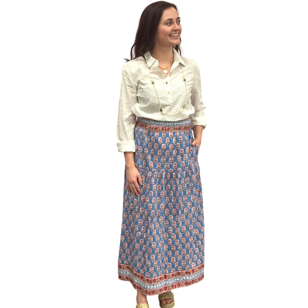 The Lila Border Trim Skirt in Blue and Pink Hand Blocked Cotton