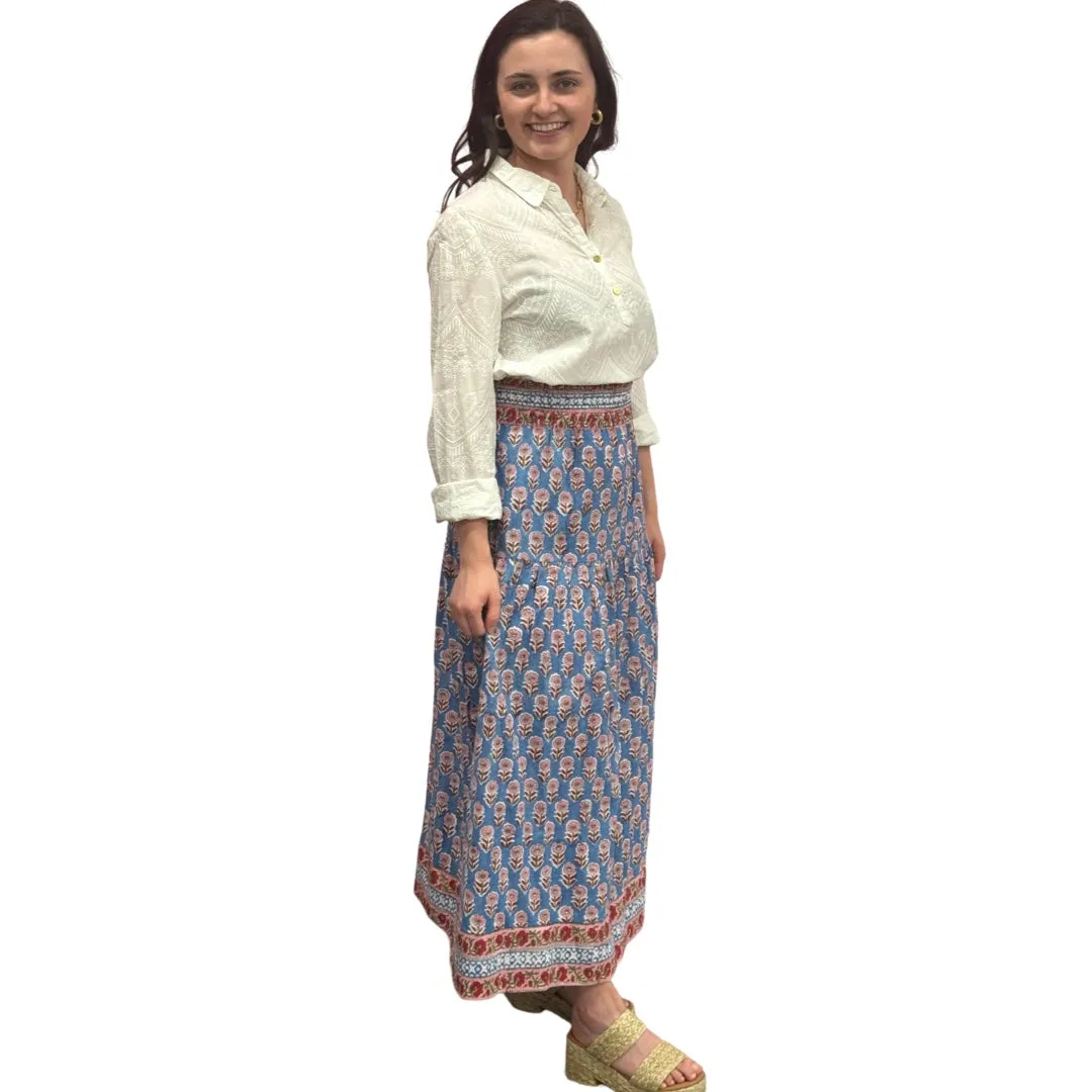 The Lila Border Trim Skirt in Blue and Pink Hand Blocked Cotton