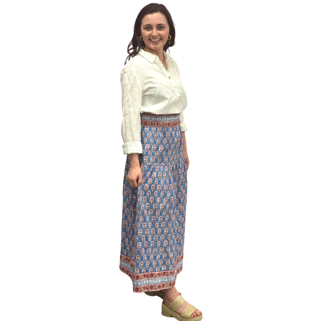 The Lila Border Trim Skirt in Blue and Pink Hand Blocked Cotton