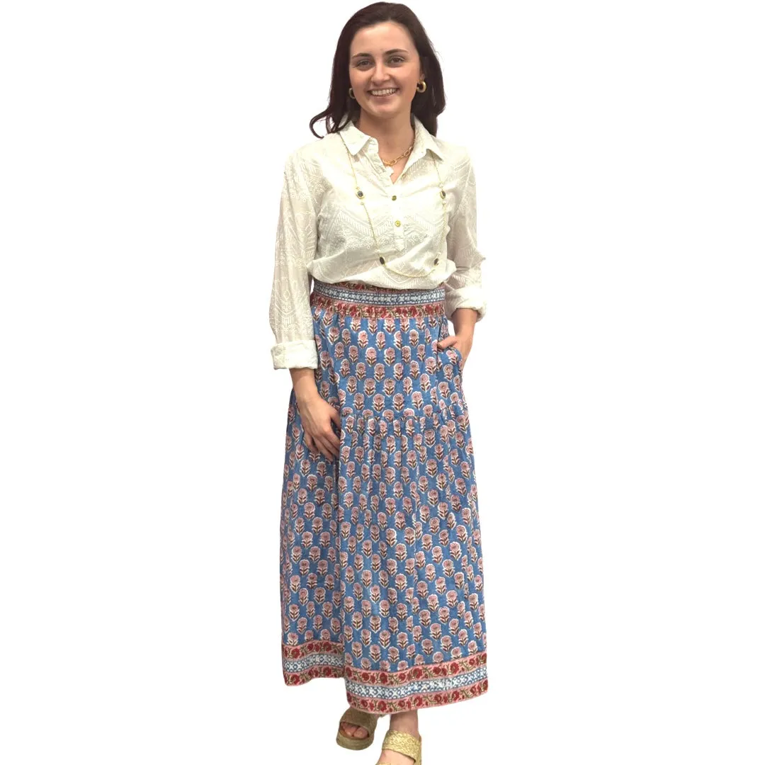 The Lila Border Trim Skirt in Blue and Pink Hand Blocked Cotton