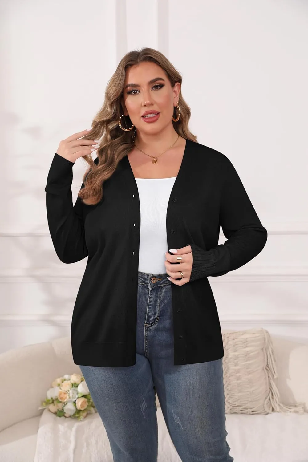 TIANZHU Cardigan Sweaters for Women Plus Size Open Front Long Sleeve V Neck Button Comfy Lightweight Cardigan Casual Coat