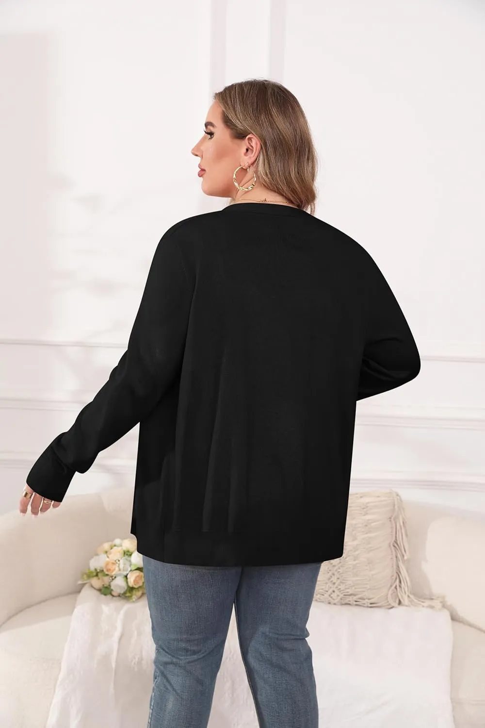 TIANZHU Cardigan Sweaters for Women Plus Size Open Front Long Sleeve V Neck Button Comfy Lightweight Cardigan Casual Coat