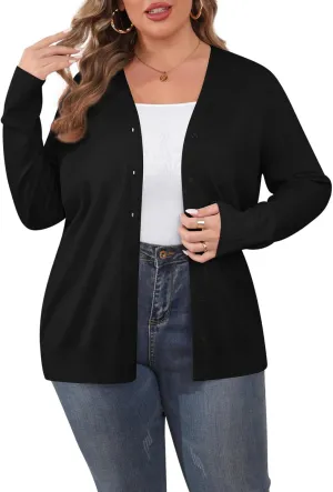 TIANZHU Cardigan Sweaters for Women Plus Size Open Front Long Sleeve V Neck Button Comfy Lightweight Cardigan Casual Coat