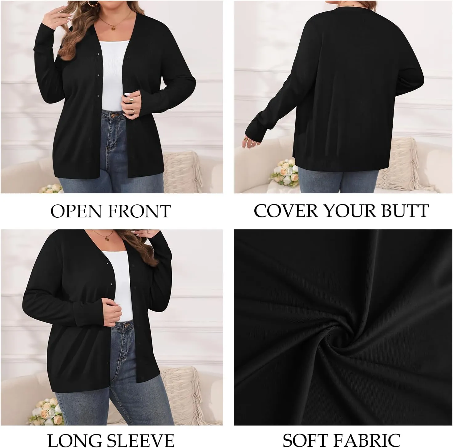 TIANZHU Cardigan Sweaters for Women Plus Size Open Front Long Sleeve V Neck Button Comfy Lightweight Cardigan Casual Coat