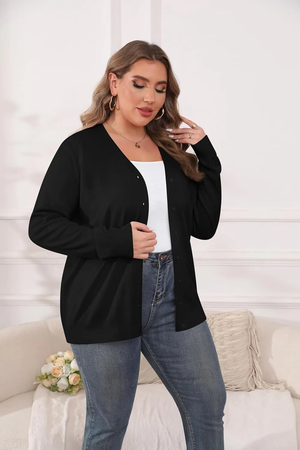TIANZHU Cardigan Sweaters for Women Plus Size Open Front Long Sleeve V Neck Button Comfy Lightweight Cardigan Casual Coat