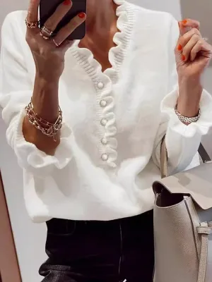 V-Neck Knit Sweater with Long Sleeves and Ruffled Details