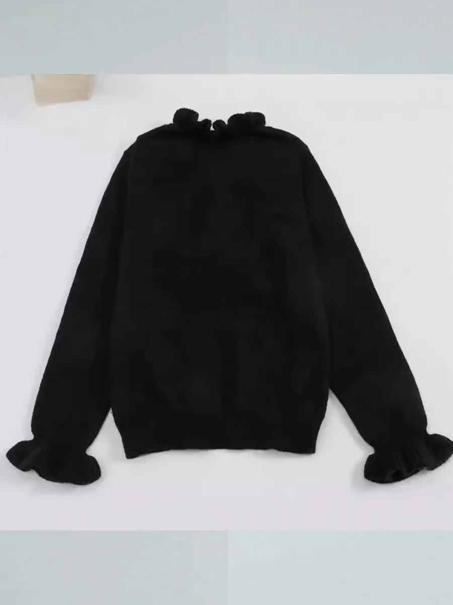 V-Neck Knit Sweater with Long Sleeves and Ruffled Details