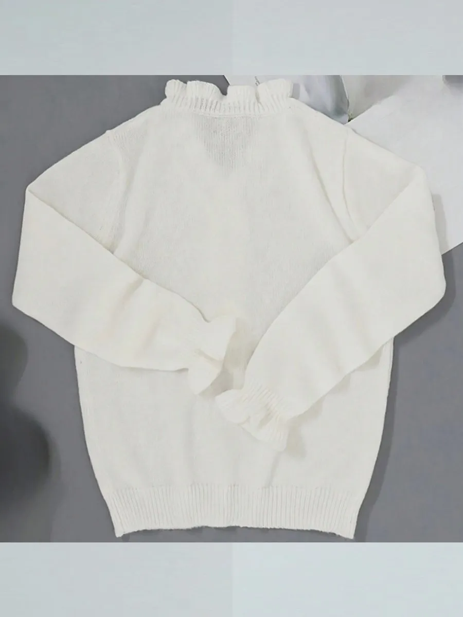 V-Neck Knit Sweater with Long Sleeves and Ruffled Details
