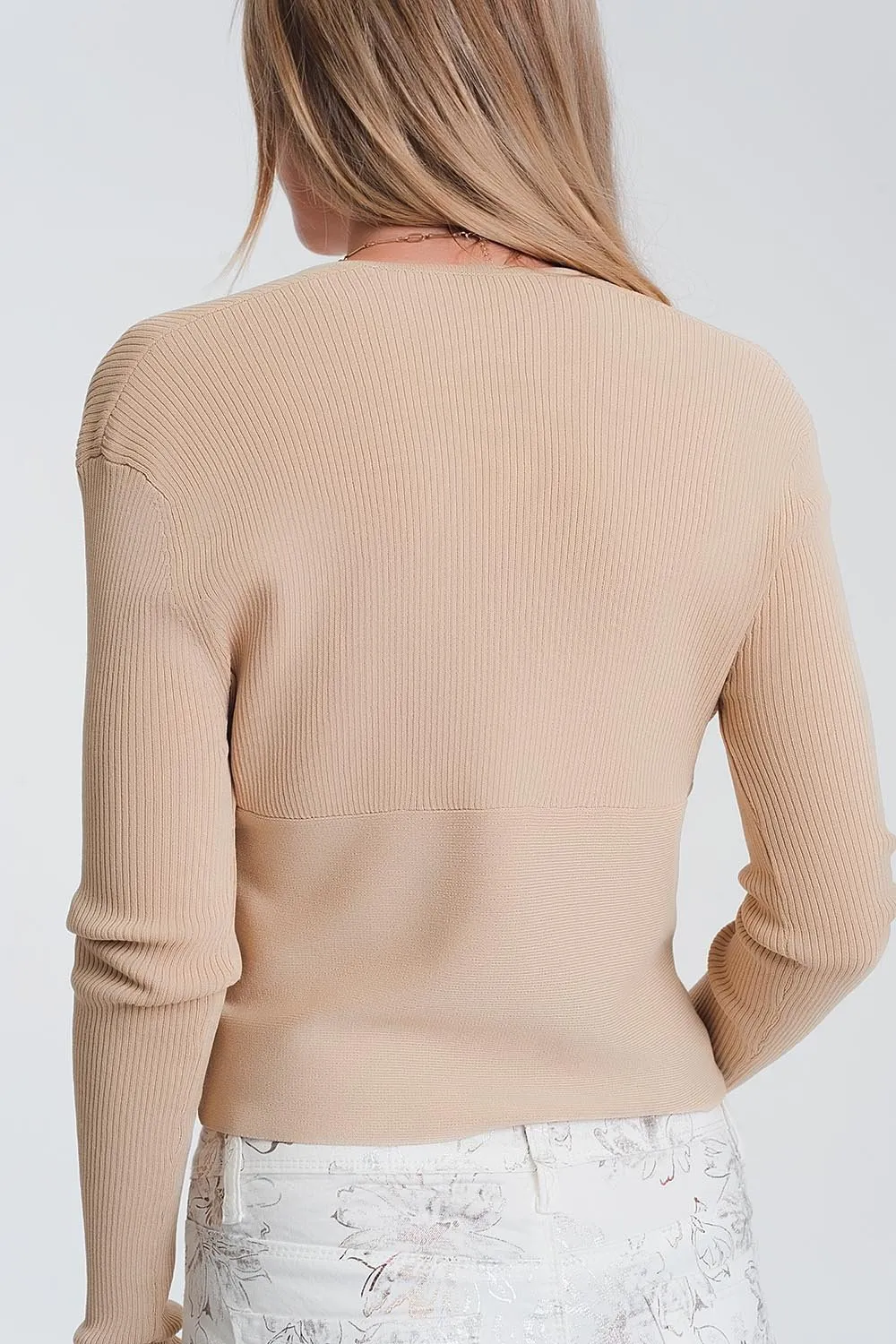 V Neck Ribbed Sweater in Beige