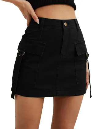 Vintage Cargo Denim Mini Skirt for Women, Button Low Waist Jean Bodycon Flap Pockets Skirt, Trendy Short Skorts