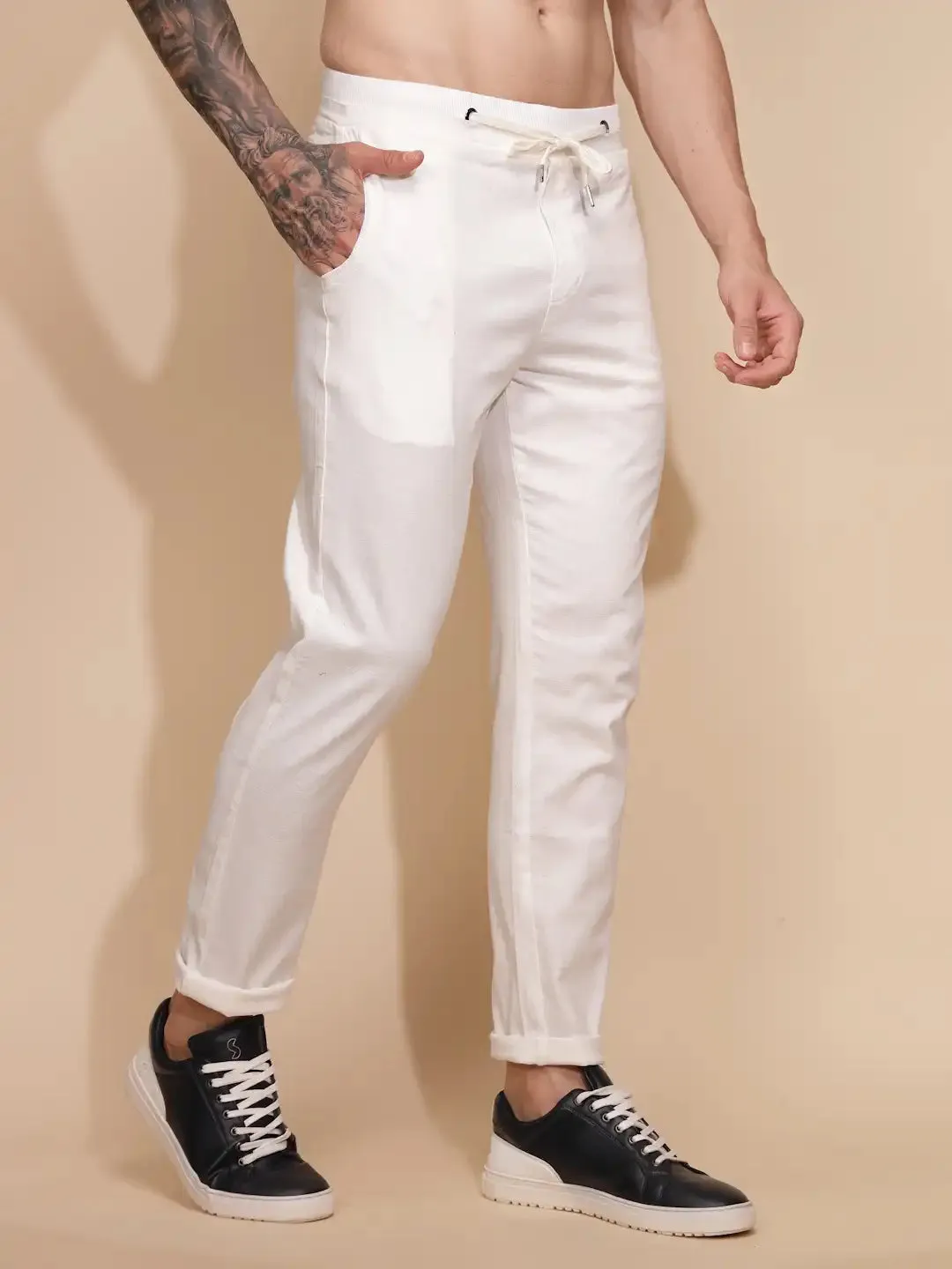 White Cotton Linen Relaxed Fit Lower For Men