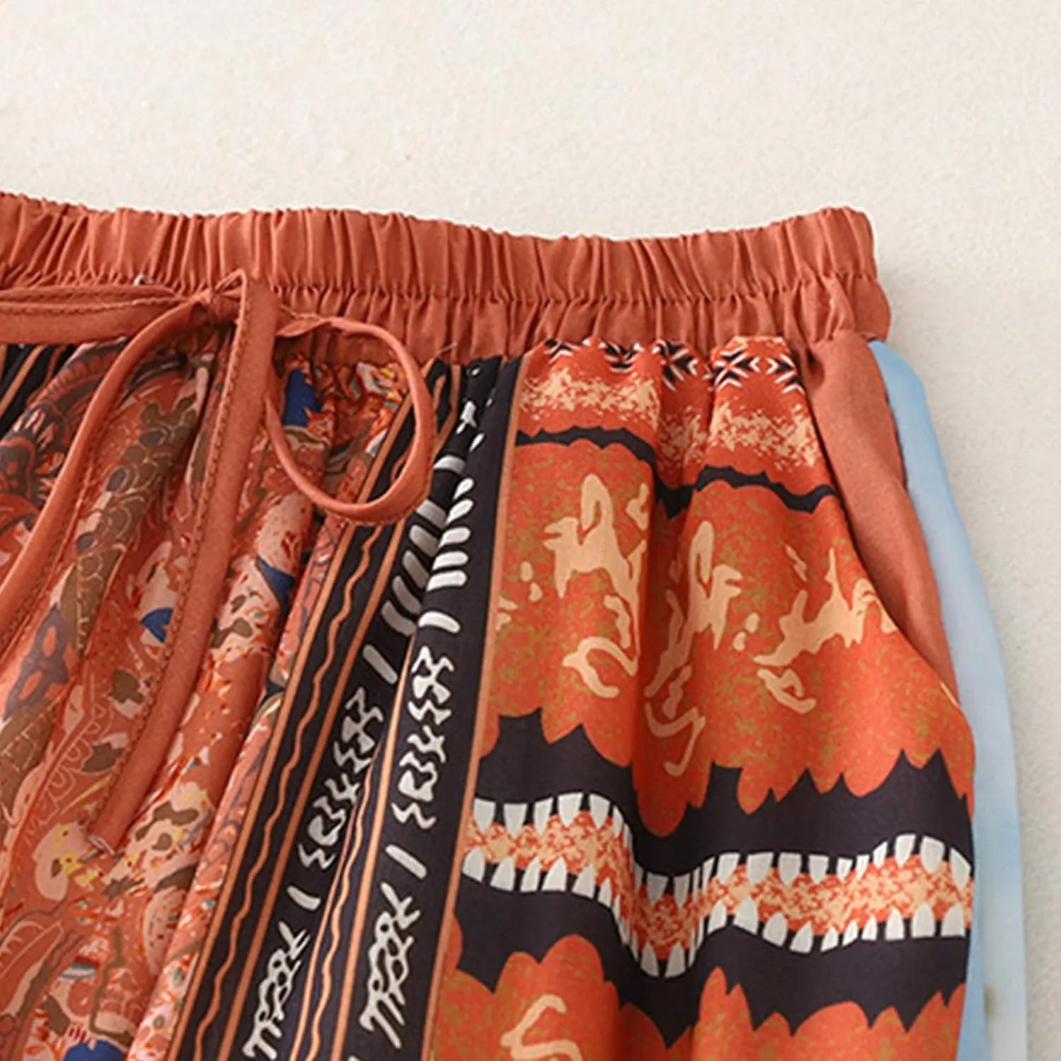 Women Ethnic Style Midi Skirt Summer Lightweight Drawstring Elastic Waist A-Line Skirts Casual Flowy Beach Skirt