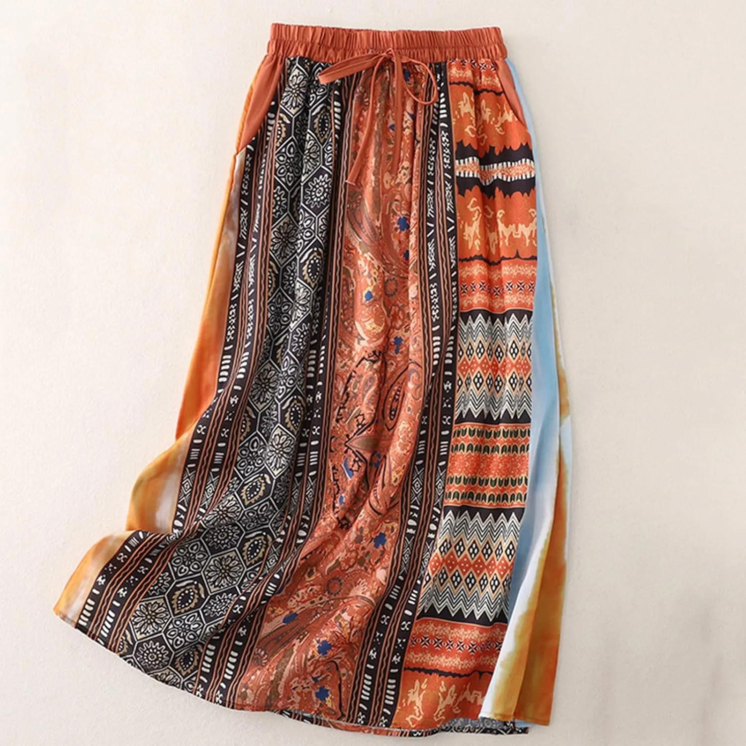 Women Ethnic Style Midi Skirt Summer Lightweight Drawstring Elastic Waist A-Line Skirts Casual Flowy Beach Skirt