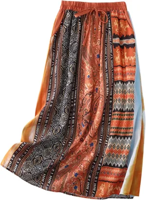Women Ethnic Style Midi Skirt Summer Lightweight Drawstring Elastic Waist A-Line Skirts Casual Flowy Beach Skirt