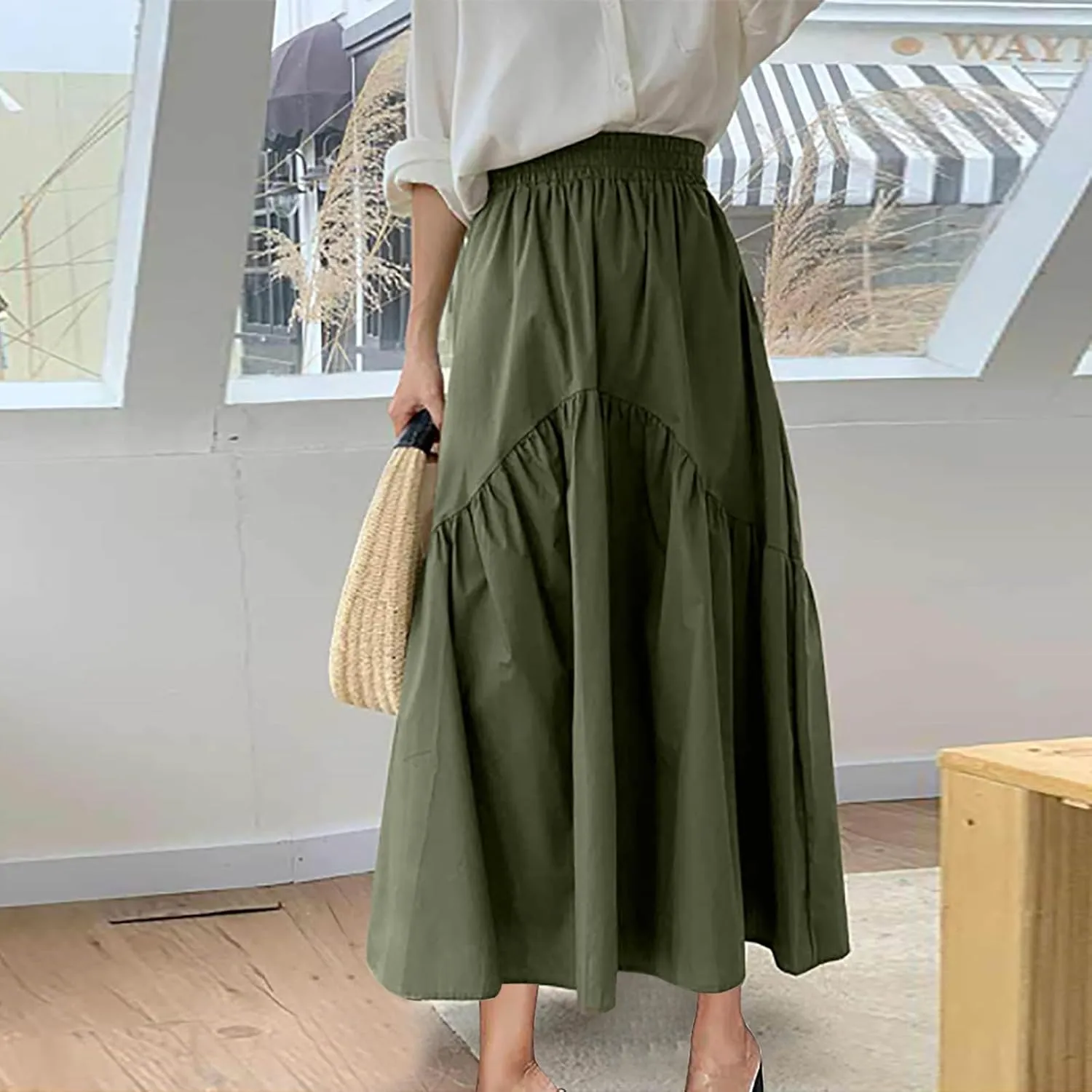 Women's Casual High Waist Pleated A-Line Midi Skirt Summer Loose Fit Solid Color Swing Flowy Skirts Fashion Outfits