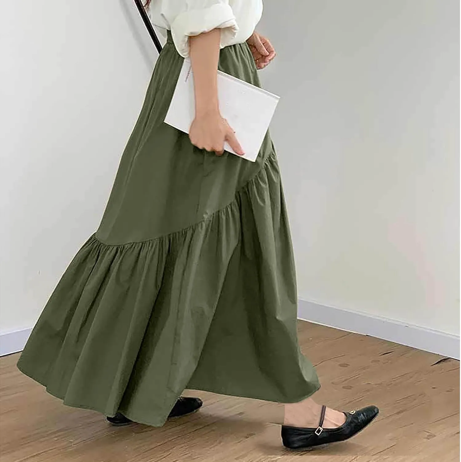 Women's Casual High Waist Pleated A-Line Midi Skirt Summer Loose Fit Solid Color Swing Flowy Skirts Fashion Outfits