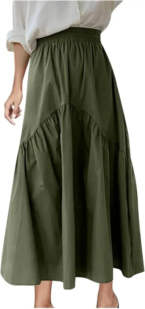 Women's Casual High Waist Pleated A-Line Midi Skirt Summer Loose Fit Solid Color Swing Flowy Skirts Fashion Outfits