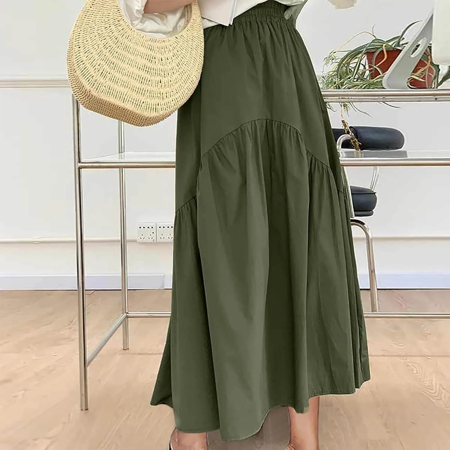 Women's Casual High Waist Pleated A-Line Midi Skirt Summer Loose Fit Solid Color Swing Flowy Skirts Fashion Outfits