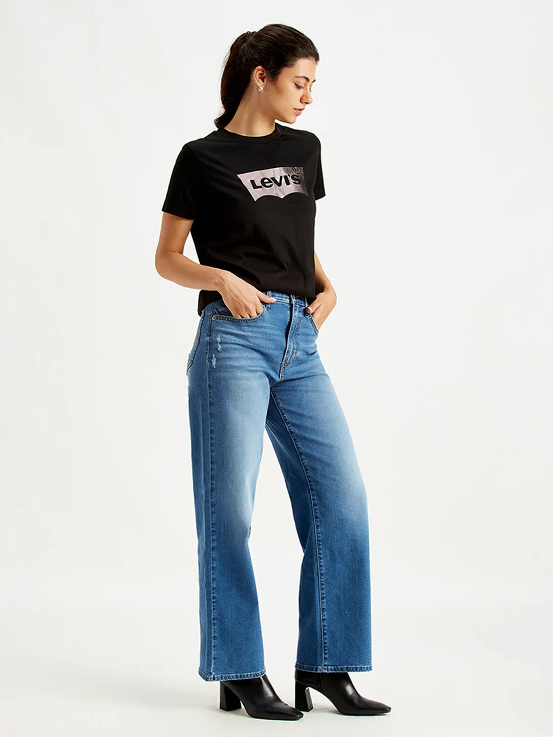 Women's High Rise Wide Leg Blue Jeans
