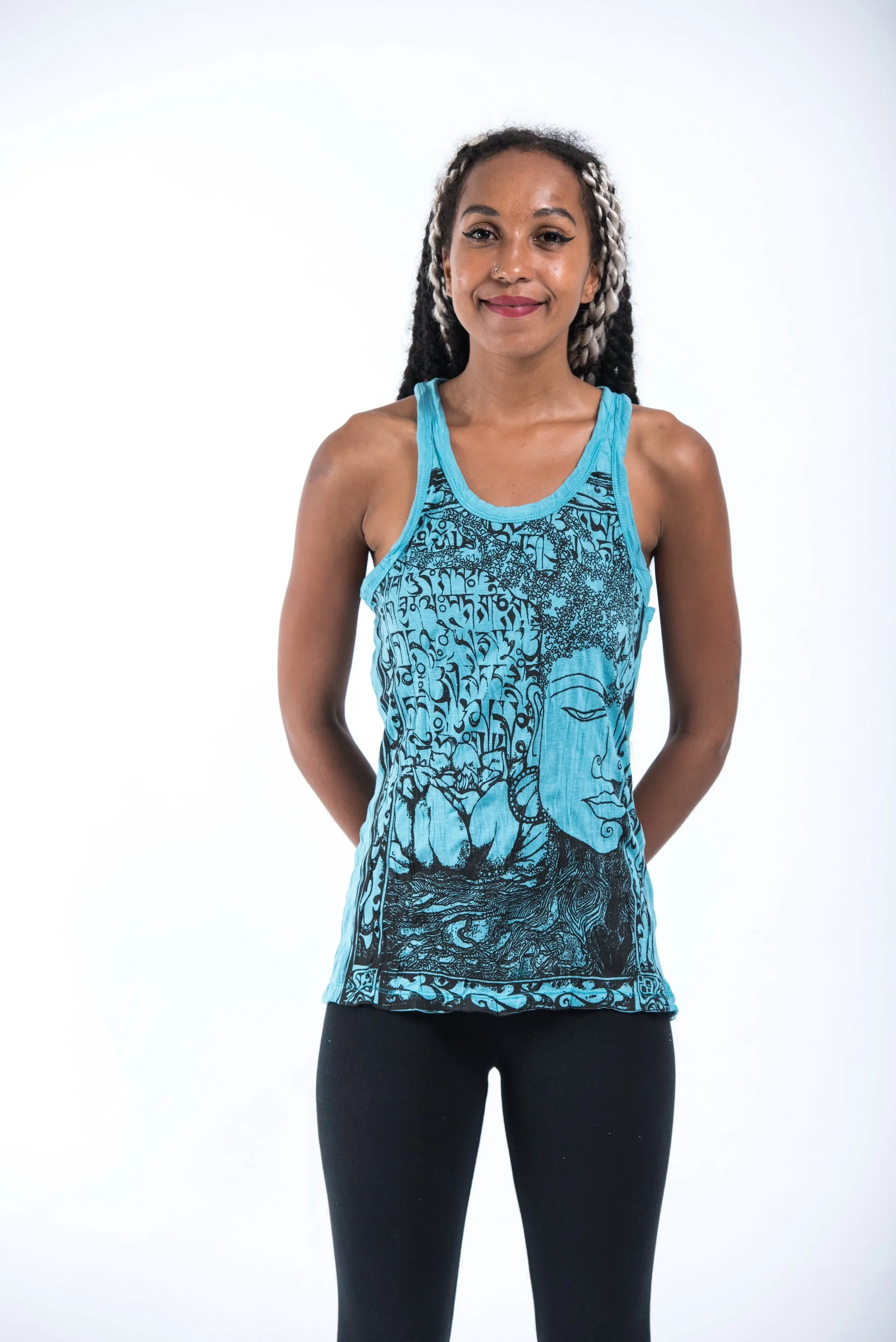 Womens Sanskrit Buddha Tank Top in Turquoise