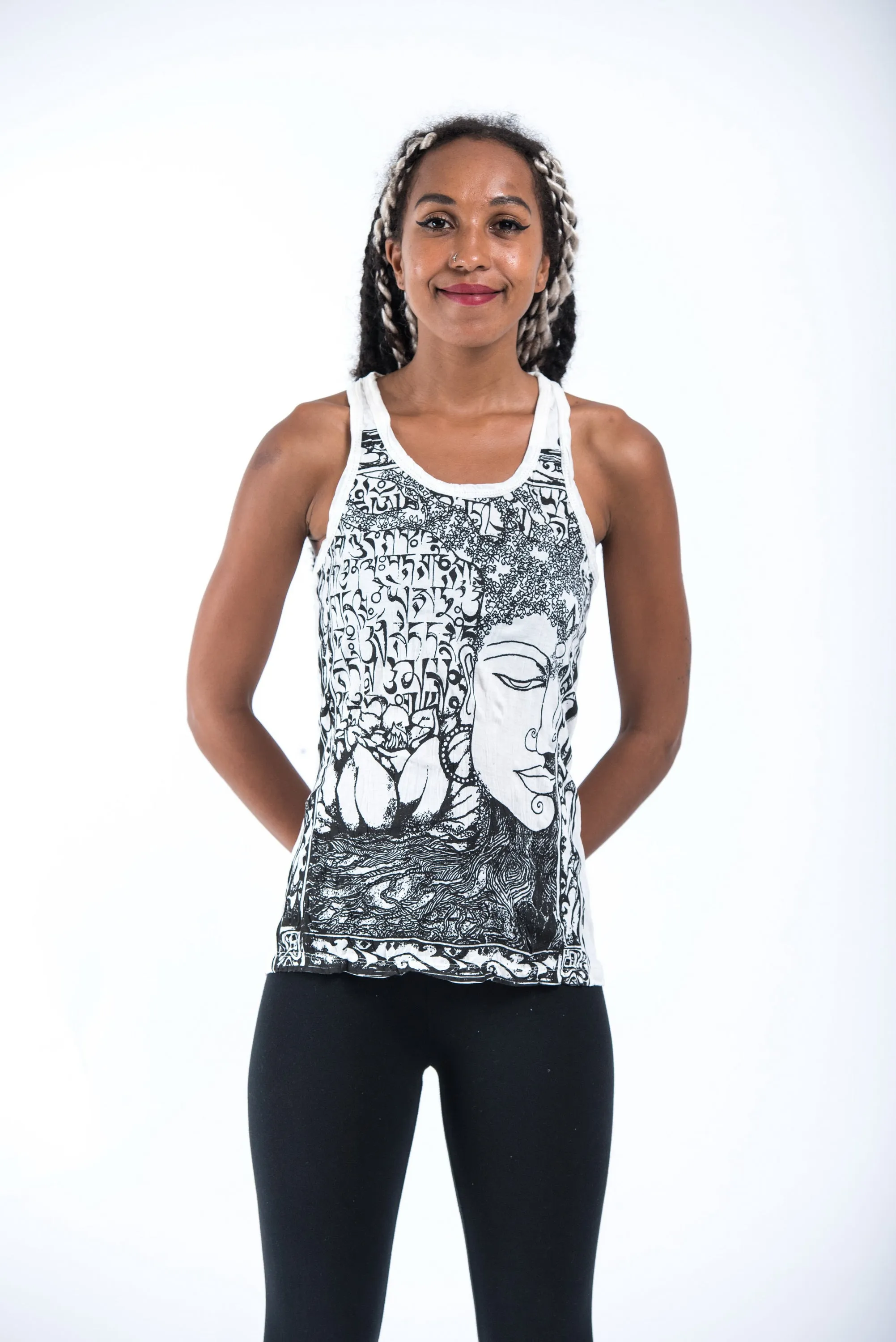 Womens Sanskrit Buddha Tank Top in White