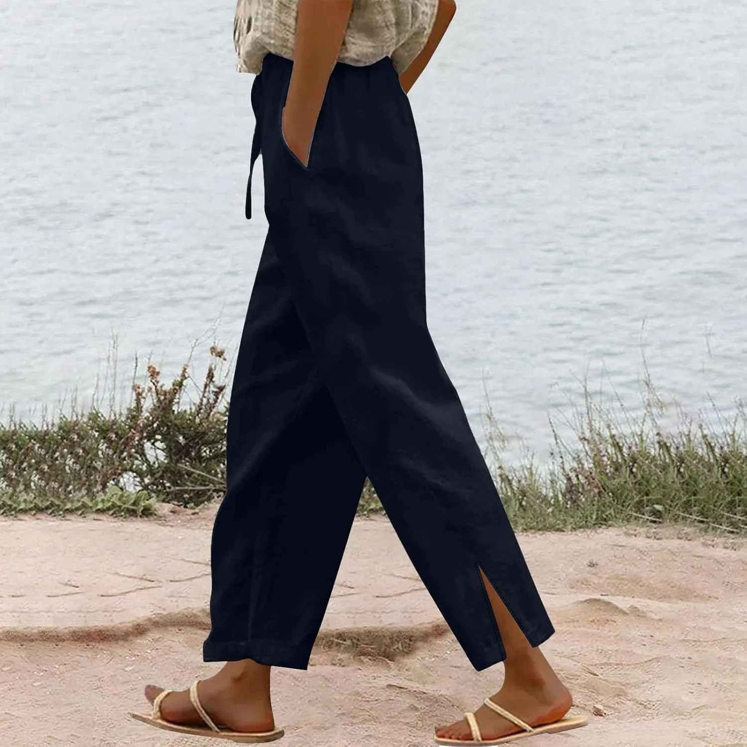 Womens Straight Leg Linen Pants 2025 Summer Casual Beach Pants Lightweight High Waisted Boho Capri Pants with Pockets